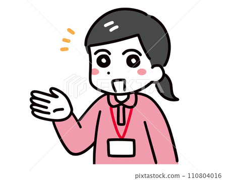 一位年輕的女性護理員（上半身，Polo衫）舉起一隻手，微笑著引導。 110804016