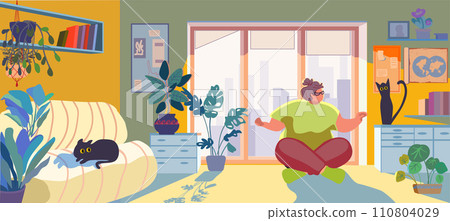 A fat woman does yoga in a room on a wooden floor. Lotus pose for meditation. Cats are watching the girl. Vector illustration. 110804029