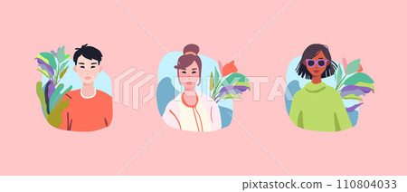 Avatars. Guy and girls. Cute character with plants. Cartoon style. Vector illustration. 110804033
