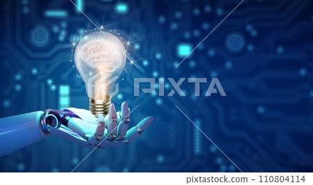 Ai Robot hand holding Light bulbs with Brain inside and Low poly wireframe outside. Creative and innovation inspiration. Business Bright idea with Artificial Intelligence concept. Ai Robot hand holding Light bulbs with Brain inside and Low poly wireframe outside. Creative and innovation inspiration. Business Bright idea with Artificial Intelligence concept. 110804114