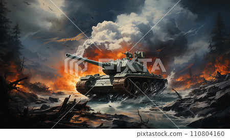 Tank running on the battlefield War image AI illustration 110804160