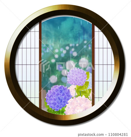 Scenery with rainy hydrangeas seen from the round window 3 110804281