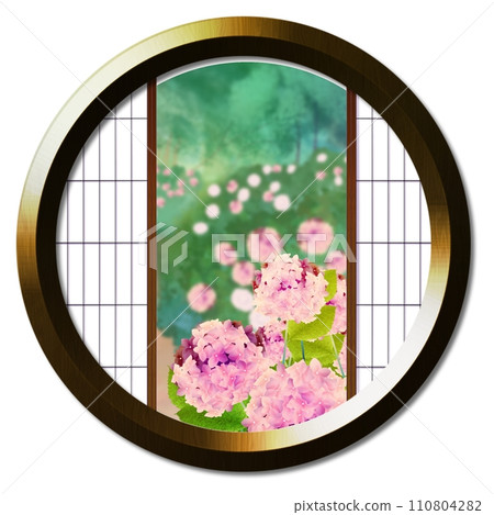 Scenery with hydrangeas seen from the round window 4 110804282