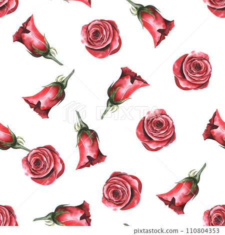 Seamless pattern red rose flowers vintage abstract white background. illustration watercolor hand drawn style. For wallpaper design,textile, fabric or wrapping paper. 110804353