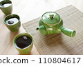 green teapot and teacups. hot drink on wooden table. Organic product from the nature for healt 110804617