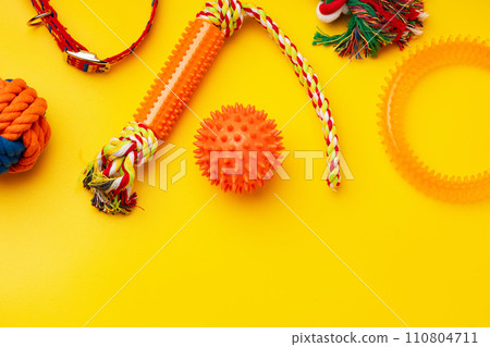 Pet toys on yellow background studio shot 110804711