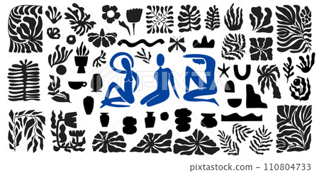 Matiss elements abstract set. Contemporary vector elements isolated on white. Female body shape, leaves, vase. Matiss elements abstract set. Contemporary vector elements isolated on white. Female body shape, leaves, vase. 110804733