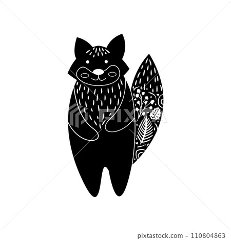 Fox in floral ornament. Modern boho decorative linocut. 110804863