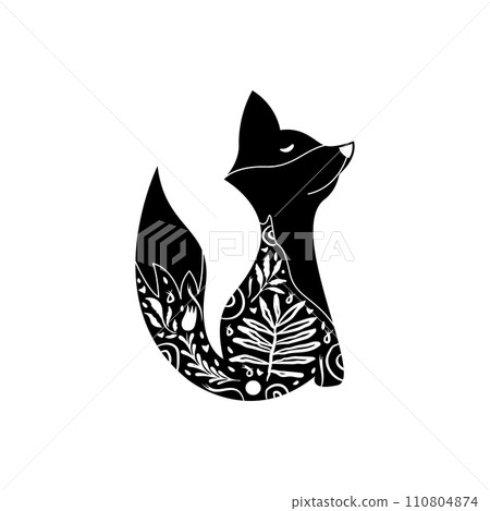 Fox in floral ornament. Modern boho decorative linocut. 110804874