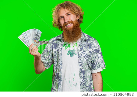 Rich happy man winner waving money dollar cash like a fan, big income wealth success business Rich happy man winner waving money dollar cash like a fan, big income wealth success business 110804998