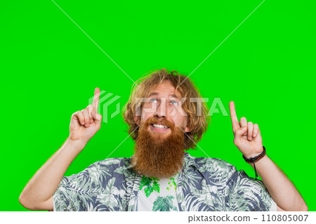 Young man showing thumbs up and pointing on blank space place over head for advertisement logo 110805007
