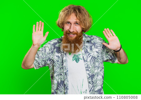 Happy man smiling friendly waving hands gesturing hello greeting or goodbye, meeting invitation 110805008