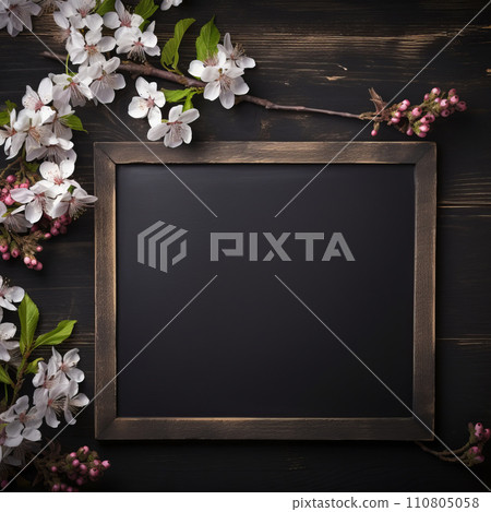 Old blank school chalkboard lying on an wooden background with white flowers Old blank school chalkboard lying on an wooden background with white flowers 110805058