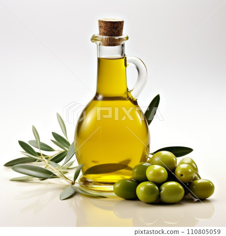 Olive branch and olive oil bottle isolated on white Olive branch and olive oil bottle isolated on white 110805059