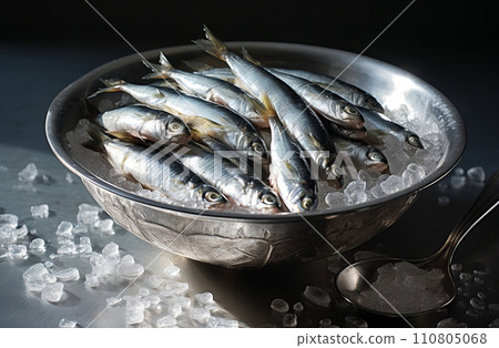 Raw sprat in a bowl. Fresh raw fish in a bowl on a concrete background. 110805068