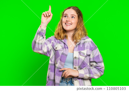 Inspired young woman having good idea, plan, startup, showing inspiration motivation Eureka gesture 110805103