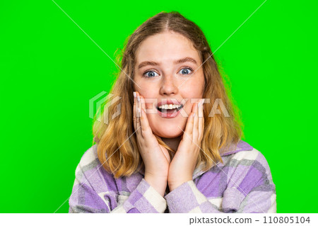 Excited amazed woman surprise looking at camera with big eyes, shocked by sudden victory wow emotion Excited amazed woman surprise looking at camera with big eyes, shocked by sudden victory wow emotion 110805104