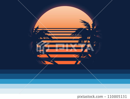Vector flat illustration of sunset over the sea with silhouette of palm trees. Seaside holiday concept. Vector flat illustration of sunset over the sea with silhouette of palm trees. Seaside holiday concept. 110805131
