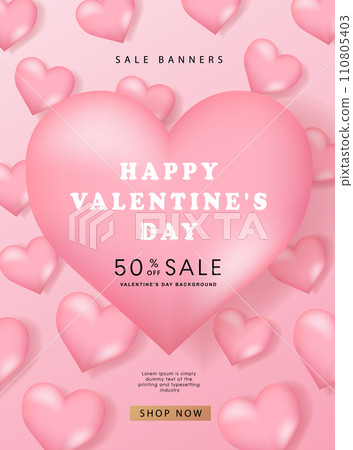 Valentine's day posters. 3d hearts with place for text. Romantic sale banners templates, vouchers or invitation cards. Vector illustration. 110805403