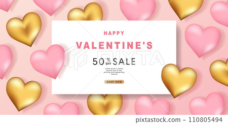 Valentine's day posters. 3d hearts with place for text. Romantic sale banners templates, vouchers or invitation cards. Vector illustration. 110805494