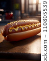 Hot dog with mustard on a wooden table in the background light 110805539