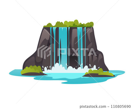 Fragment of landscape with waterfall and trees flat vector illustration isolated. Fragment of landscape with waterfall and trees flat vector illustration isolated. 110805690
