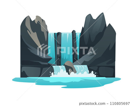 Waterfall in rocks game scenery element, flat vector illustration isolated. 110805697