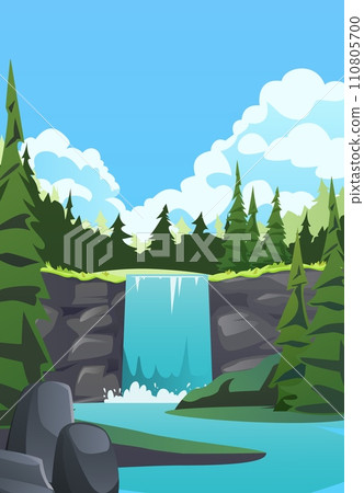 Waterfall in coniferous forest vector illustration, cartoon summer landscape with river water falling down from mountain Waterfall in coniferous forest vector illustration, cartoon summer landscape with river water falling down from mountain 110805700
