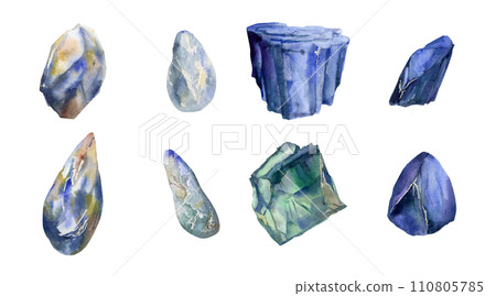Hand drawn watercolor illustration precious semiprecious jewel gem crystal chakra birth stone. Sapphire larimar emerald. Set of objects isolated white background. Design print, shop, jewelry, fashion 110805785