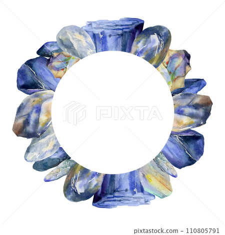 Hand drawn watercolor illustration precious semiprecious jewel gem crystal chakra birth stone. Sapphire lapis larimar. Wreath frame isolated on white background. Design print, shop, jewelry, fashion 110805791