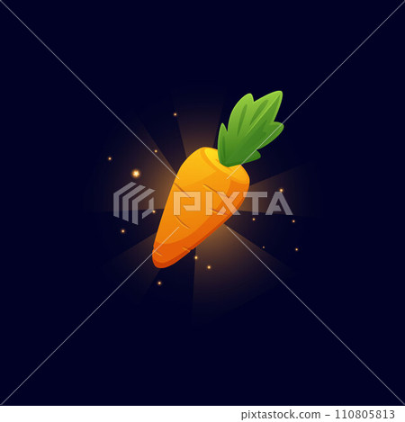 Glowing fresh carrot with leaves vector icon, cartoon orange vegetable with sparkles, shine farm harvest game asset Glowing fresh carrot with leaves vector icon, cartoon orange vegetable with sparkles, shine farm harvest game asset 110805813