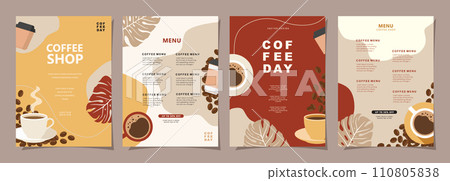 Set of sketch banners with coffee beans and leaves on minimal background for invitations, cards, banner, poster, cover, cafe menu or another template design. vector illustration. 110805838