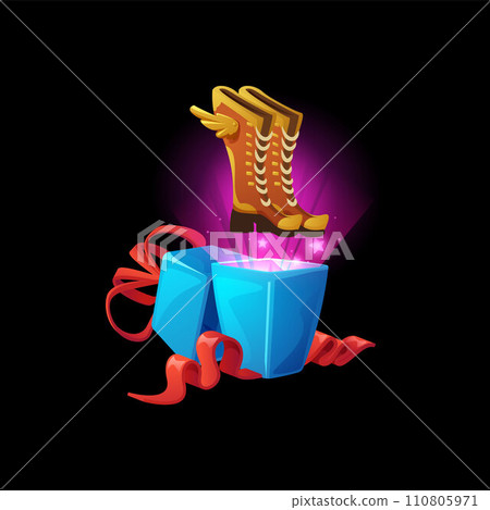 Boots fly out of the gift box, cartoon style vector game design element 110805971