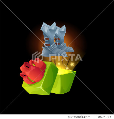 Boots fly out of the gift box, game design elements, cartoon style vector Boots fly out of the gift box, game design elements, cartoon style vector 110805973