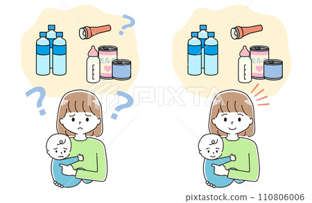 Illustration set of a mother holding a baby and thinking about disaster prevention goods 110806006
