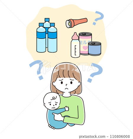 A mother holding a baby in her arms worries about disaster prevention supplies. 110806008