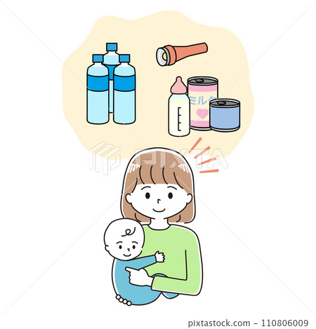 A mother holding her baby and thinking about disaster prevention goods 110806009