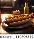 Hot dog with mustard and ketchup on a wooden table in a counterlight 110806245
