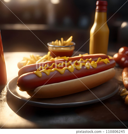 Hot dog with mustard and ketchup on a wooden table in a counterlight 110806245