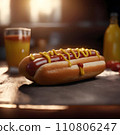 Hot dog with mustard and ketchup on a wooden table in a counterlight 110806247