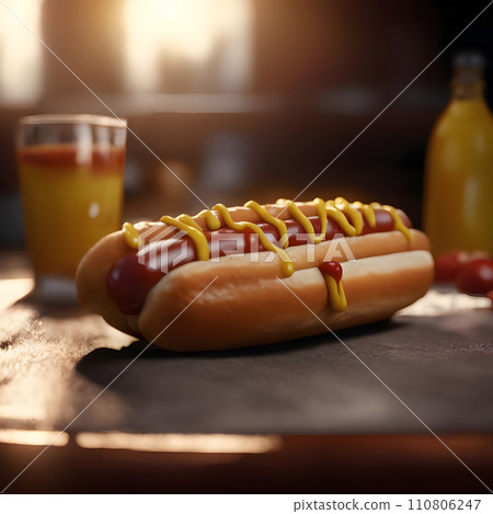 Hot dog with mustard and ketchup on a wooden table in a counterlight 110806247