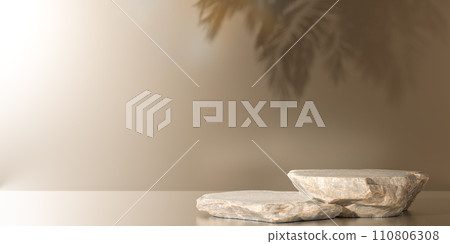 Two Exhibition Podium, stand, on pastel beige background for premium product. Two Grey stone pedestal podium. scene with palm leaf shadow. single stone podium minimal product display pedestal 110806308