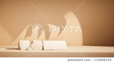Beige pieces of stone wall. Stone slabs for product display background. Bright lighted stone podium. Front view. Empty showcase for packaging presentation. Mockup pedestal. 110806339