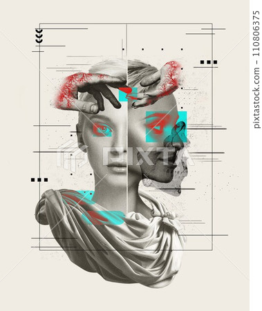 Graphic for an educational course on the anatomy of the brain and visual processing. Artistic rendering of a sculpted face with neural networks 110806375