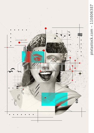 Mental health awareness campaign highlighting the complexity of human emotions and thoughts. Female head made of mi of various images. Mental health awareness campaign highlighting the complexity of human emotions and thoughts. Female head made of mi of various images. 110806387