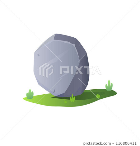 Stone rock on the lawn, vector grey boulder on the grass for gui game, stone block round shape, debris of the mountain Stone rock on the lawn, vector grey boulder on the grass for gui game, stone block round shape, debris of the mountain 110806411