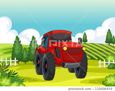 Red Tractor in Sunny Countryside Field 110806459