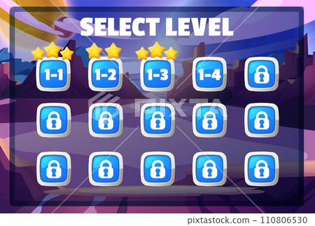 Level game selection screen, space game interface, cartoon Select Level menu option UI elements stars, numbers and locks 110806530