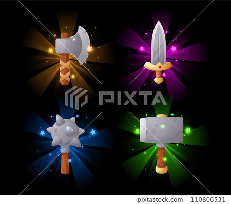Ancient age weapon game tools set, glowing axe, knife, club, vector cartoon stone or metal blade with wooden handle 110806531