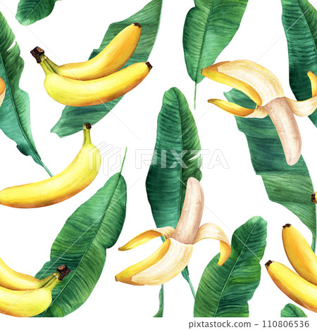 Watercolor seamless pattern with banana tree leaves and fruit banana. Hand drawn illustration isolated on white background. For wrapping wallpaper fabric textile. 110806536